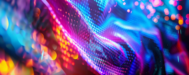 Energetic music festival background with colorful lights, dynamic patterns, and textured fabric. The lively, joyful atmosphere captures the excitement and energy of a live music event, perfect for