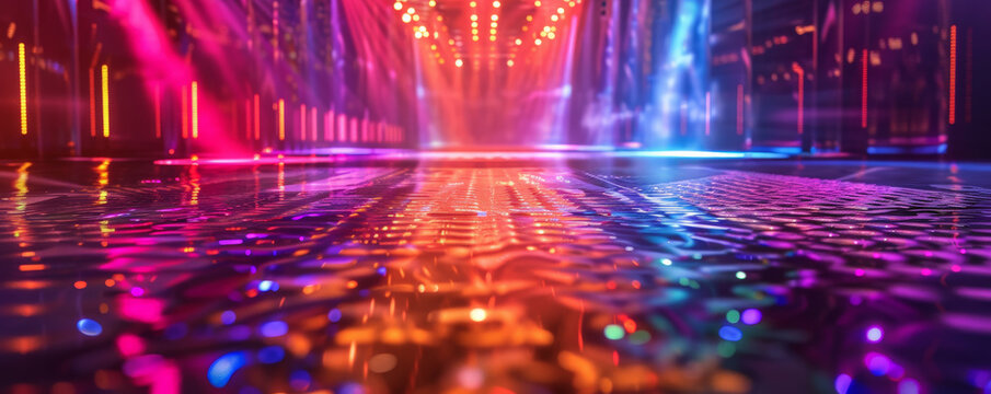 Energetic dance floor background with vibrant lights, dynamic patterns, and textured reflections. The lively, exciting atmosphere captures the energy and movement of a dance party, ideal for nightlife