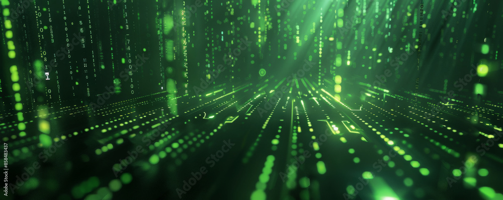 Poster futuristic digital matrix background with glowing green lines, dark contrasts, and textured binary c