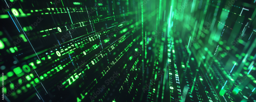 Poster futuristic digital matrix background with glowing green lines, dark contrasts, and textured binary c