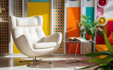 light white wall chair stylish and bright retro interior with design chair and standing next to a small table with a book and a plant on it in a day room interior