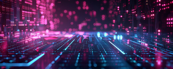 Obraz premium Futuristic digital landscape background with neon grids, dark contrasts, and textured circuitry. The high-tech, modern aesthetic creates a sense of innovation and connectivity, perfect for technology