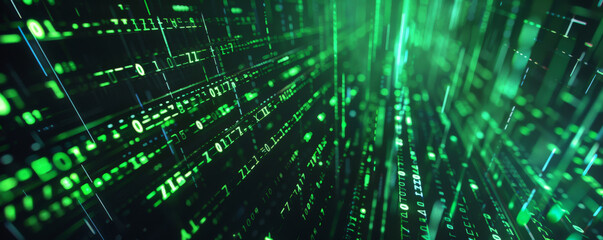 Futuristic digital matrix background with glowing green lines, dark contrasts, and textured binary code. The high-tech, cyber aesthetic creates a sense of innovation and mystery, ideal for sci-fi