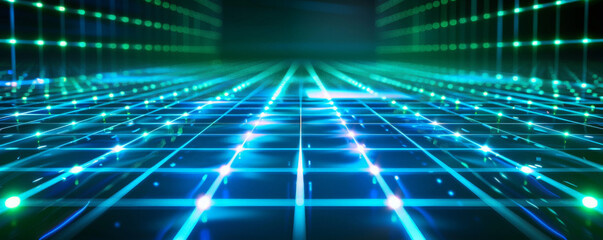 Futuristic digital matrix background with neon blue and green grid lines on a dark backdrop. The glowing, high-tech aesthetic creates a sense of cutting-edge technology and innovation, ideal for
