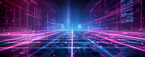 Fototapeta premium Futuristic neon grid background with glowing lines, dark contrasts, and textured digital elements. The high-tech, cyber aesthetic creates a sense of innovation and excitement, perfect for sci-fi