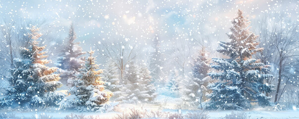 Magical winter wonderland background with sparkling snowflakes, snow-covered trees, and a textured snowy ground. The enchanting, pristine scene creates a sense of wonder and beauty, perfect for