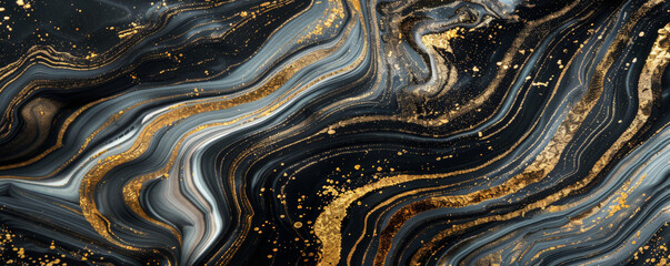 Marble abstract background featuring a luxurious blend of black, gold, and silver. The metallic veins add a touch of opulence and sophistication
