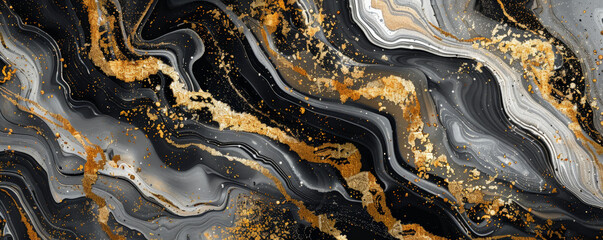 Marble abstract background featuring a luxurious blend of black, gold, and silver. The metallic veins add a touch of opulence and sophistication