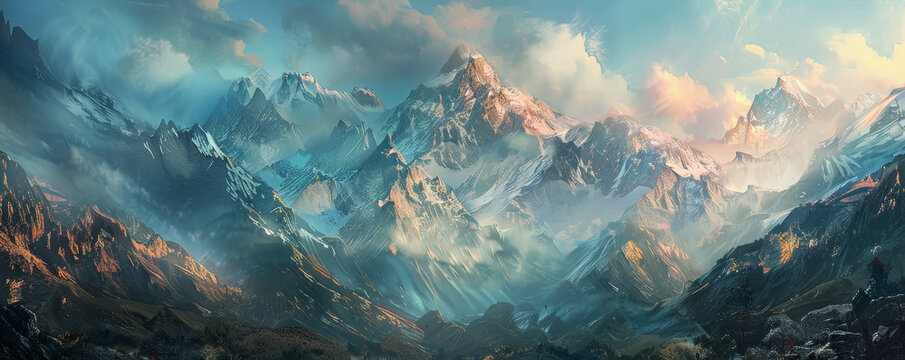 Majestic mountain range background with rugged peaks, snow-capped summits, and textured rock surfaces. The awe-inspiring, natural scene creates a sense of grandeur and adventure, perfect for outdoor