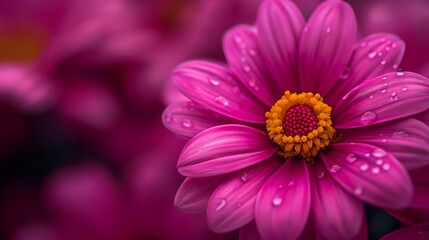 Obraz premium A macro photo of a vibrant pink flower with dew drops on its petals