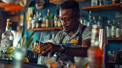 Bartender preparing delicious drinks behind the counter.
