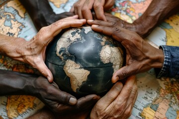 Hands holding planet Earth, symbolizing care for the planet and unity.