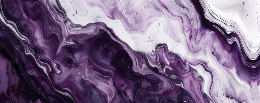 Marble abstract background showcasing deep purple and white tones. The patterns are bold and dynamic, creating a sense of mystery and sophistication