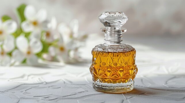 Bottle of attar perfume on white backdrop