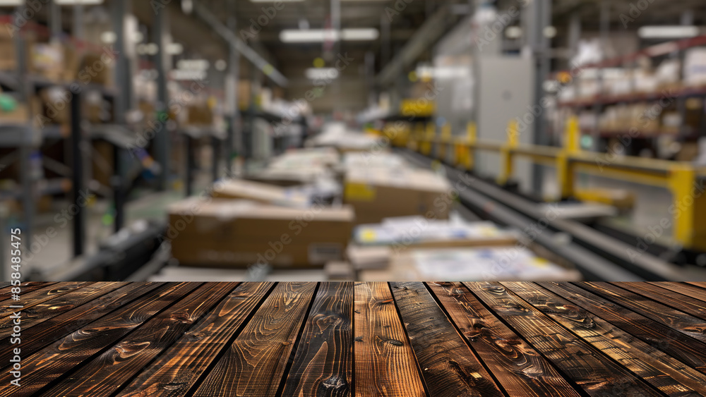 Poster empty wood table top with blur background of warehouse of factory. the table giving copy space for p