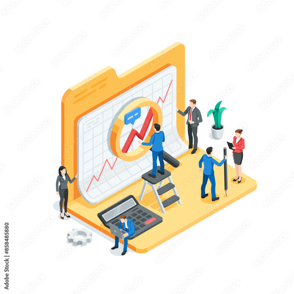 Poster isometric vector business people analyze data from a graph on a paper sheet in a folder, in color on
