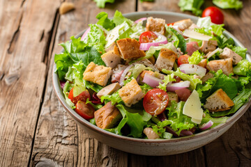 Photo of a Cesar's salad deliciously arranged in a large bowl, served on a wooden table. Healthy Food Theme