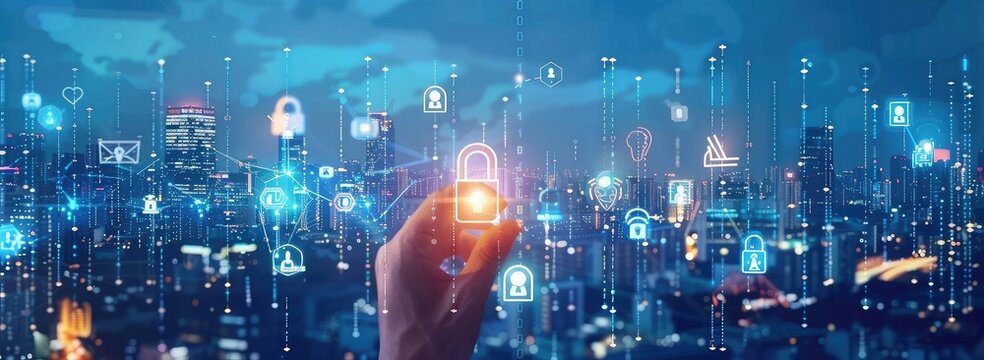 Hand holding padlock and data flow icons on virtual screen over blue city background, showing smart security technology for cyber sports team winning of business in global network world concept