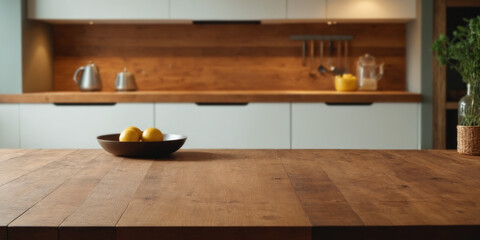 Empty natural wood kitchen tabletop on cozy minimalist background with blurred modern light kitchen for product presentation backdrop, display, mock-up. Perfect for banner with copy space.