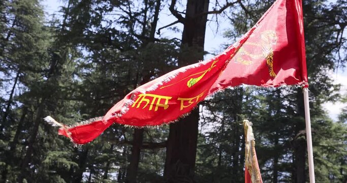 The flag in the Indian temple of the goddess Durga, who is depicted with multiple arms riding a tiger.