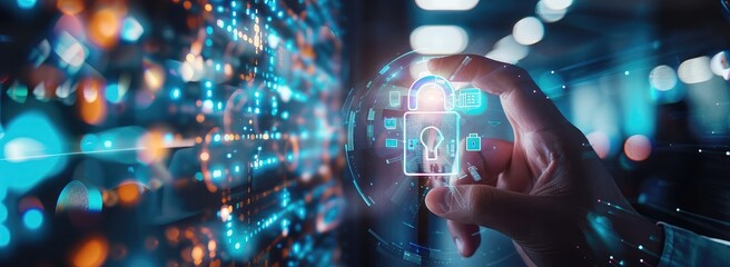 Hand holding digital padlock and data flow icons on blue background