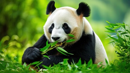Naklejka premium A panda eats a large bamboo stalk. Bamboo bliss for the charming panda.