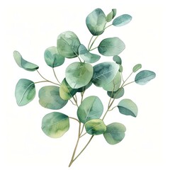 Obraz premium A watercolor illustration featuring eucalyptus leaves, artistically rendered with shades of green on a white background.