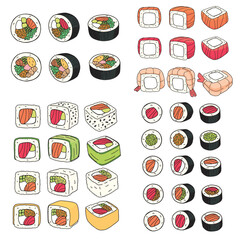 set of vector colored drawing of sushi rolls