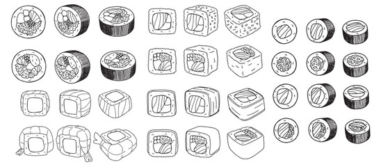 set of vector line drawing of sushi rolls © Ira Rybalko