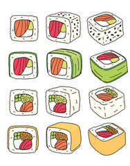 set of vector colored drawing of sushi rolls