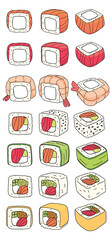 set of vector colored drawing of sushi rolls