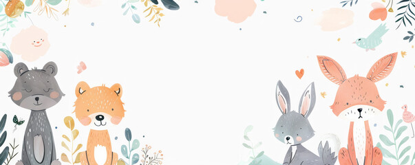 Obraz premium Mockup card birthday background featuring a cute animal theme, with illustrated bears, rabbits, and foxes, a soft pastel color scheme, and a white card with playful fonts, perfect for a child's