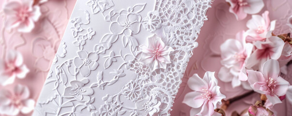 Mockup card birthday background with a delicate lace design, featuring a white card with intricate lace patterns, a soft pastel background, and elegant calligraphy, creating a romantic and feminine