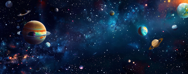 Fototapeta premium Mockup card birthday background with a galaxy theme, featuring a dark starry sky, a white card with silver glitter accents, and colorful planets and stars, creating a magical and dreamy atmosphere