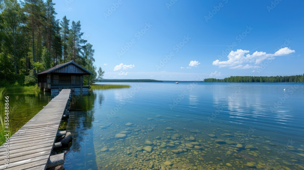 Poster a small cabin is on a dock next to a lake. the water is calm and clear. the cabin is surrounded by t