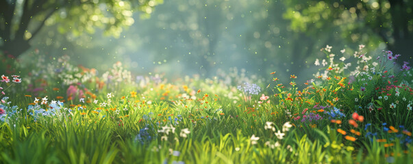 Obraz premium Peaceful meadow background with colorful wildflowers, lush green grass, and textured foliage. The serene, natural scene creates a calming, picturesque atmosphere, perfect for nature themes