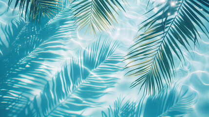 Tropical palm leaves on blue water background. Top view.