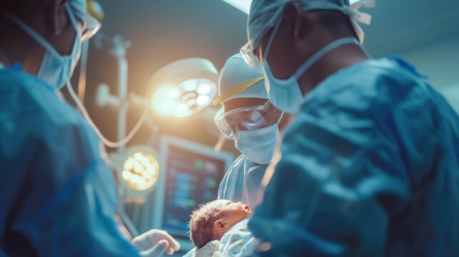 A newborn baby is born by c-section in an operating room attended by a surgeon and medical team
