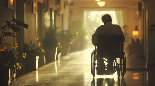An old man in a wheelchair sitting in the hallway of a nursing home