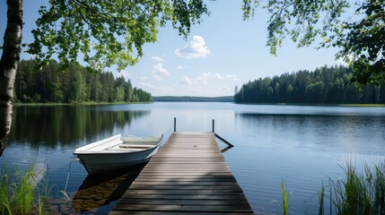 A boat is docked at a pier next to a lake. The water is calm and the sky is clear