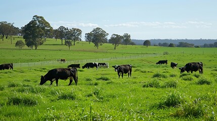 Cows happily munch on grass in open fields in Australia. They roam freely, helping the farm grow crops in a way that's good for the environment.