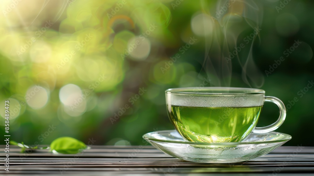 Poster a cup of green tea sits on a wooden table with a leaf on the saucer. the steam from the tea rises an