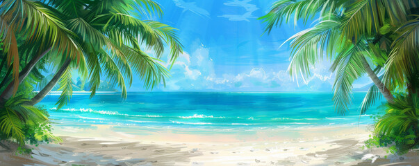 Tropical beach background with bright blue waters, white sandy shores, and lush green palm trees. The vivid colors and textured sand evoke a relaxing, paradise-like atmosphere, perfect for vacation