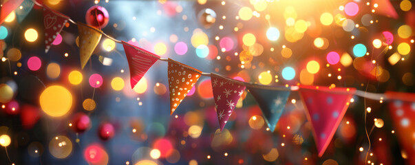 Vibrant festival background with colorful bunting, dynamic lights, and textured decorations. The lively, festive atmosphere captures the excitement and joy of a celebration, ideal for cheerful themes