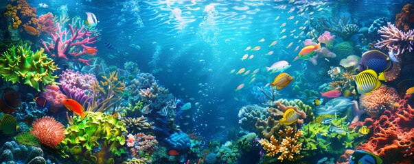 Obraz premium Vibrant underwater background with colorful coral reefs, dynamic fish, and textured water reflections. The lively, aquatic scene captures the beauty and diversity of marine life, ideal for ocean