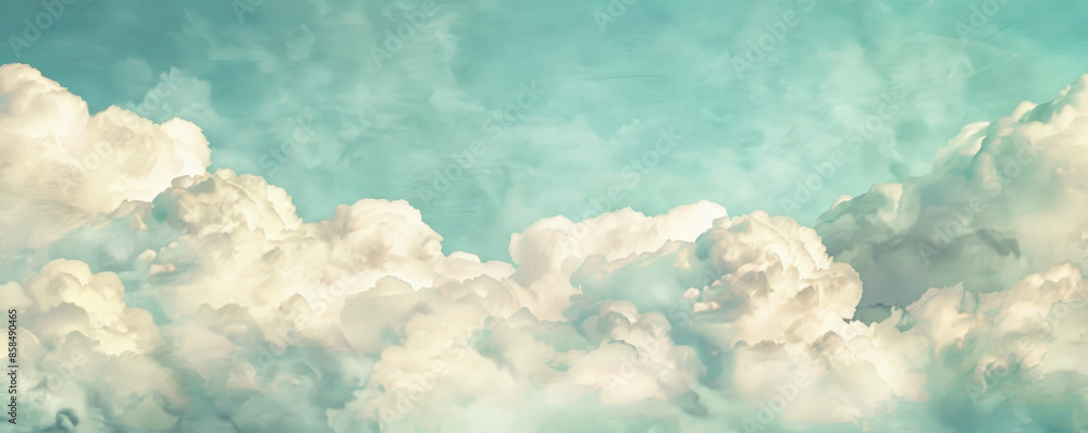 Wall mural Whimsical cloud background with fluffy white clouds and a pastel blue sky. The light, airy textures create a dreamy, serene atmosphere, perfect for playful or imaginative themes