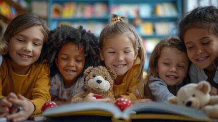 Smiling children reading together in a library, holding teddy bears, and enjoying a fun story time session with friends and books.
