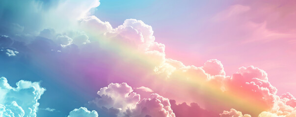 Whimsical rainbow background with soft pastel colors, fluffy clouds, and a smooth, dreamy texture. The cheerful, magical scene creates a sense of joy and imagination, ideal for playful or fantasy