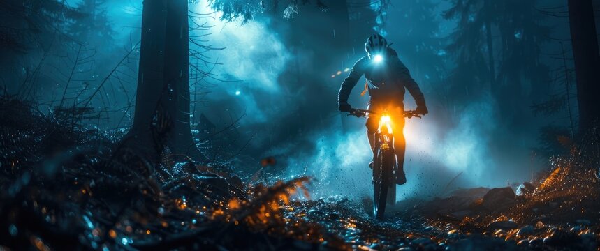 A cyclist on an illuminated bike rides through a misty forest at night, using a headlamp to navigate the mysterious, foggy woodland trails.