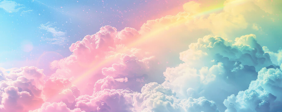 Whimsical rainbow background with soft pastel colors, fluffy clouds, and a smooth, dreamy texture. The cheerful, magical scene creates a sense of joy and imagination, ideal for playful or fantasy